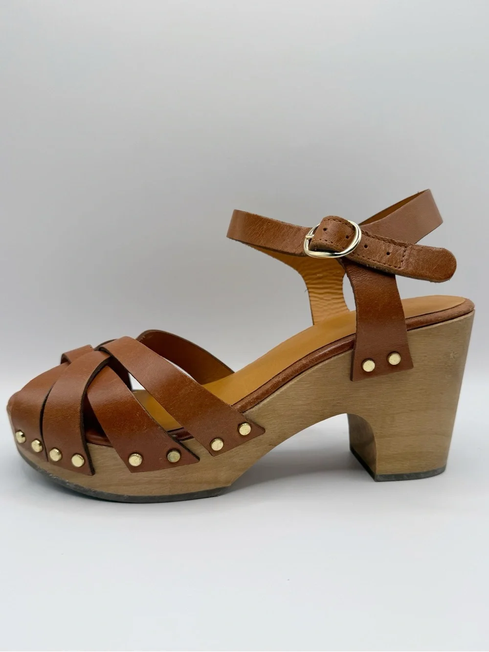 Sézane Isabelle Clogs Smooth Camel Leather Wooden Platform Sandals Brown 39 Shoe
